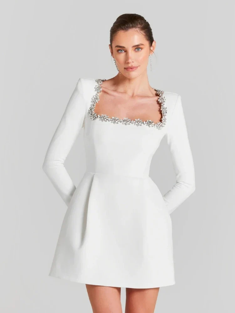 Sexy Long Sleeves Square Collar Crystal A-Line Slim Dress Elegant Party Dress - Image 4