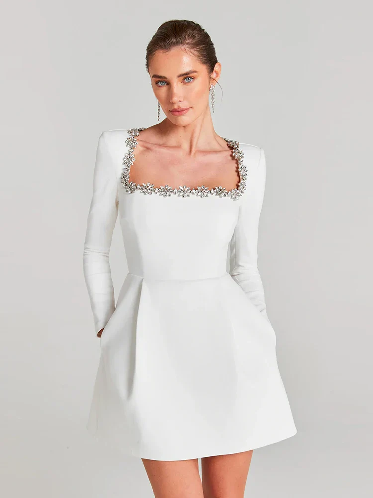 Sexy Long Sleeves Square Collar Crystal A-Line Slim Dress Elegant Party Dress - Image 5