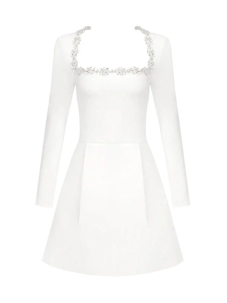 Sexy Long Sleeves Square Collar Crystal A-Line Slim Dress Elegant Party Dress - Image 7