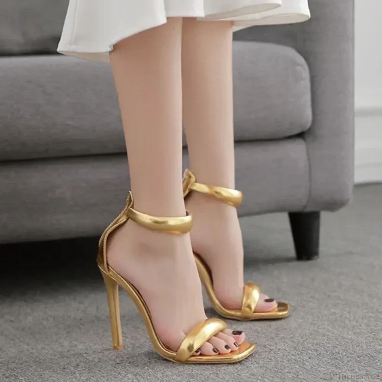 Sexy Luxury Brand Simple Peep Toe Thin High Heels Back Zipper Gold Wedding Party High Heel