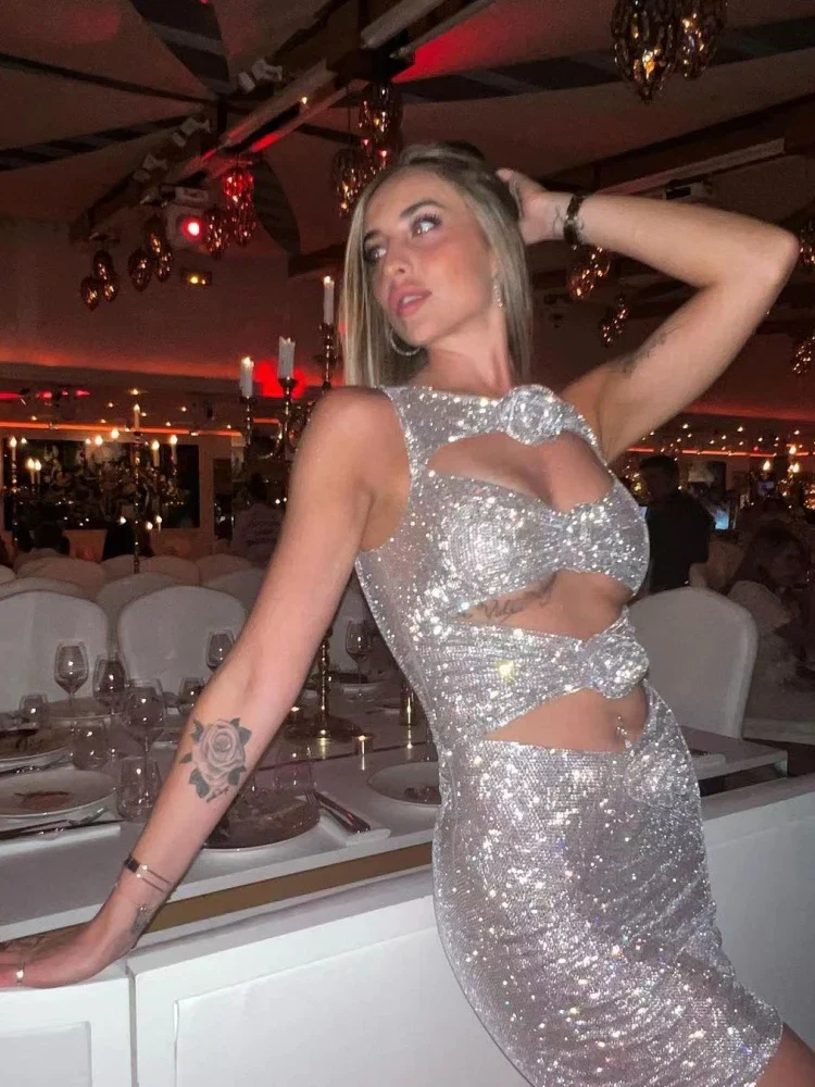 Sexy Luxury Diamonds 3D Flowers Mini Dress Sleeveless Cut Out Sparkly Party Dress - Image 2