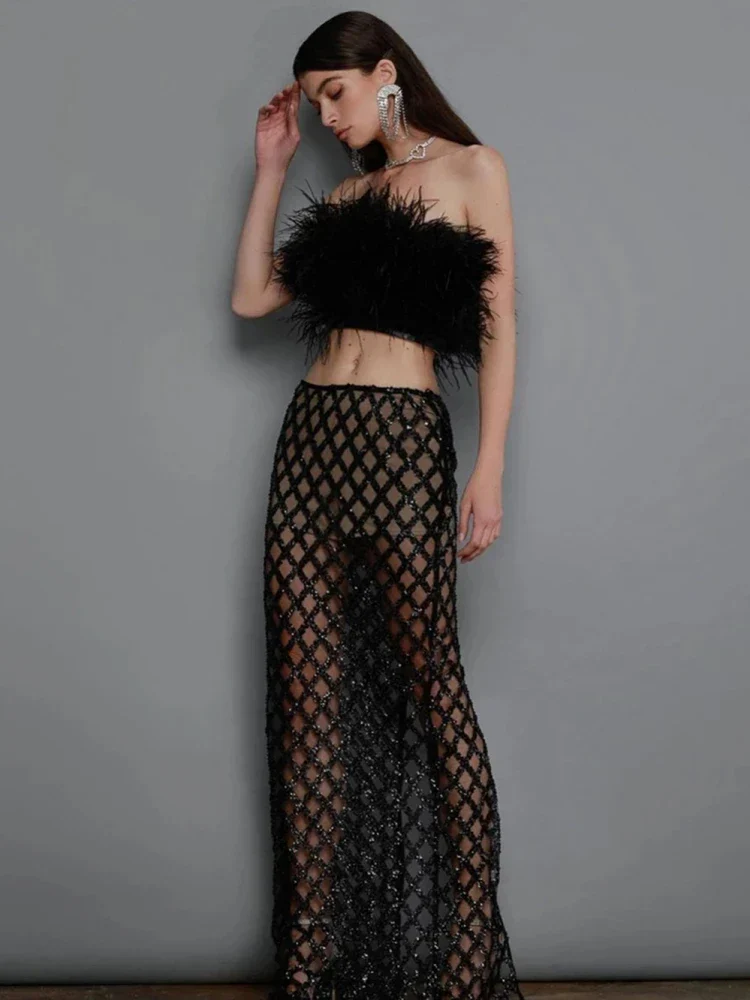 Sexy Luxury Sequins Feather Strapless Top Skirt Two Piece Set Party Dress - Image 3