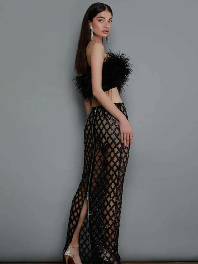 Sexy Luxury Sequins Feather Strapless Top Skirt Two Piece Set Party Dress - Image 4