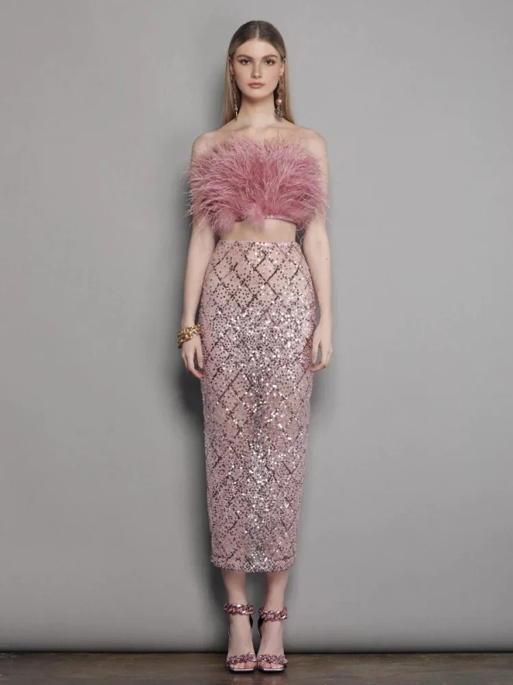 Sexy Luxury Sequins Feather Strapless Top Skirt Two Piece Set Party Dress - Image 5