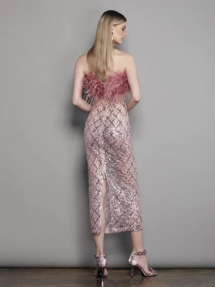 Sexy Luxury Sequins Feather Strapless Top Skirt Two Piece Set Party Dress - Image 6
