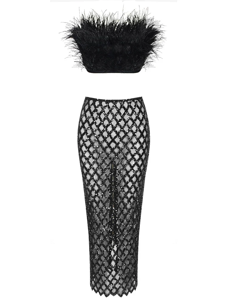 Sexy Luxury Sequins Feather Strapless Top Skirt Two Piece Set Party Dress - Image 7