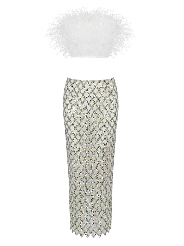 Sexy Luxury Sequins Feather Strapless Top Skirt Two Piece Set Party Dress - Image 8