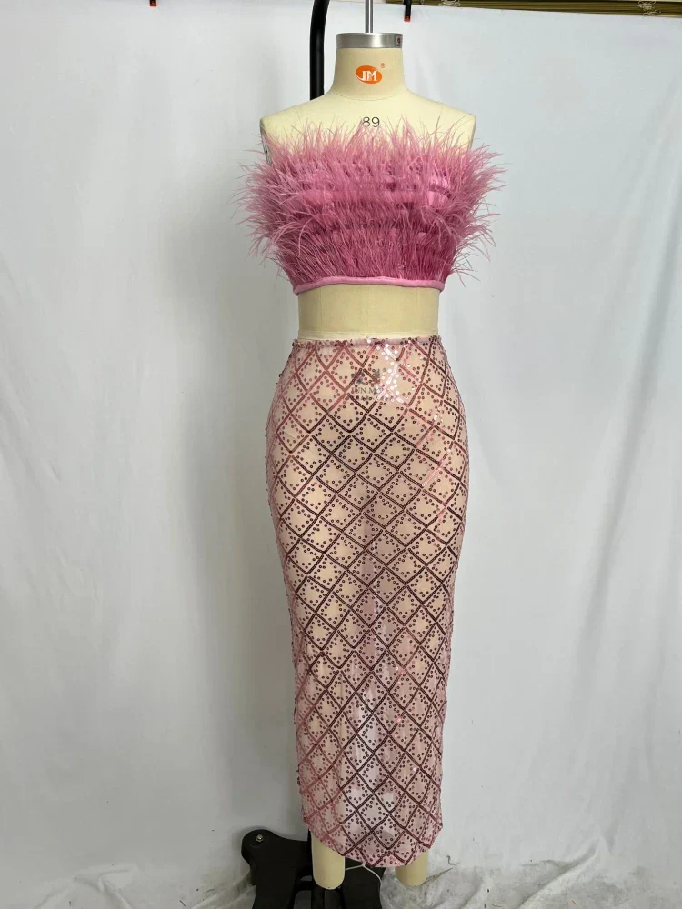 Sexy Luxury Sequins Feather Strapless Top Skirt Two Piece Set Party Dress - Image 9