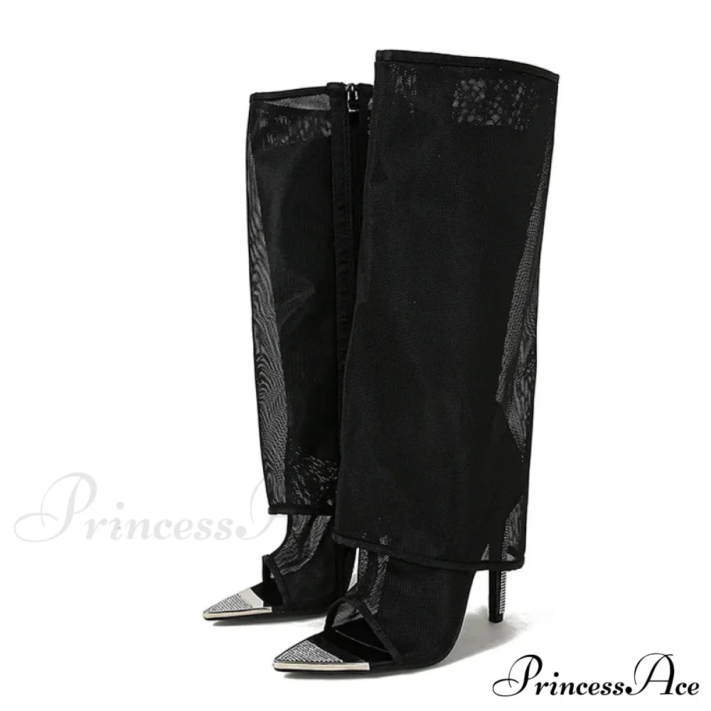 Sexy Metal Pointed Toe Black Mesh Knee High Boots Sandals Women Zip Fashion Rhinestone High Heels Shoes Botas Mujer - Image 3