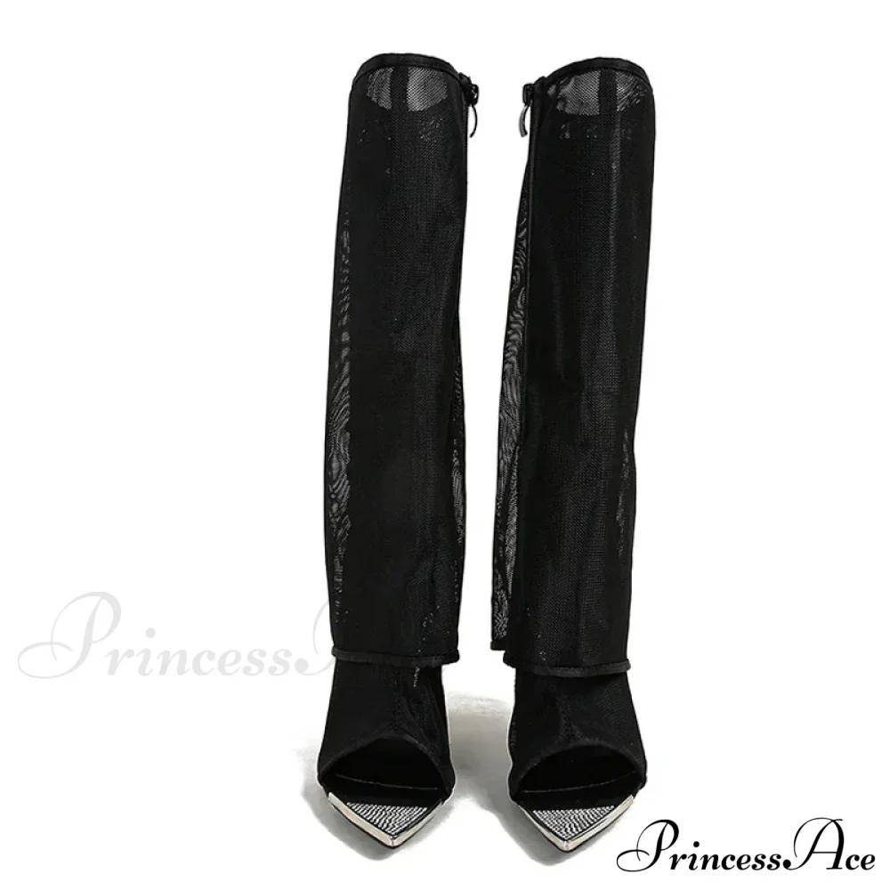 Sexy Metal Pointed Toe Black Mesh Knee High Boots Sandals Women Zip Fashion Rhinestone High Heels Shoes Botas Mujer - Image 4