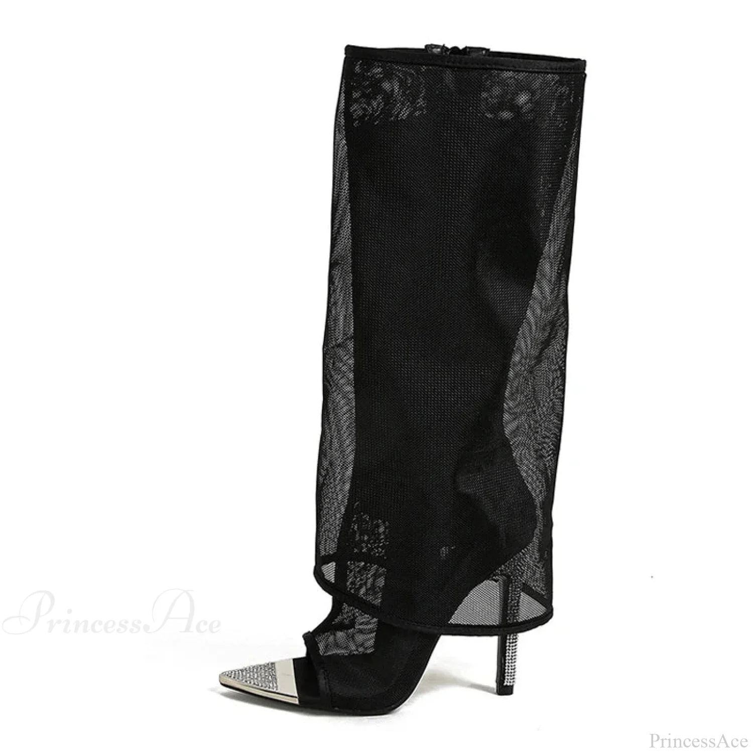 Sexy Metal Pointed-Toe Black Mesh Knee-High Boots Sandals ZipFashion Rhinestone High Heels High Heel - Image 5