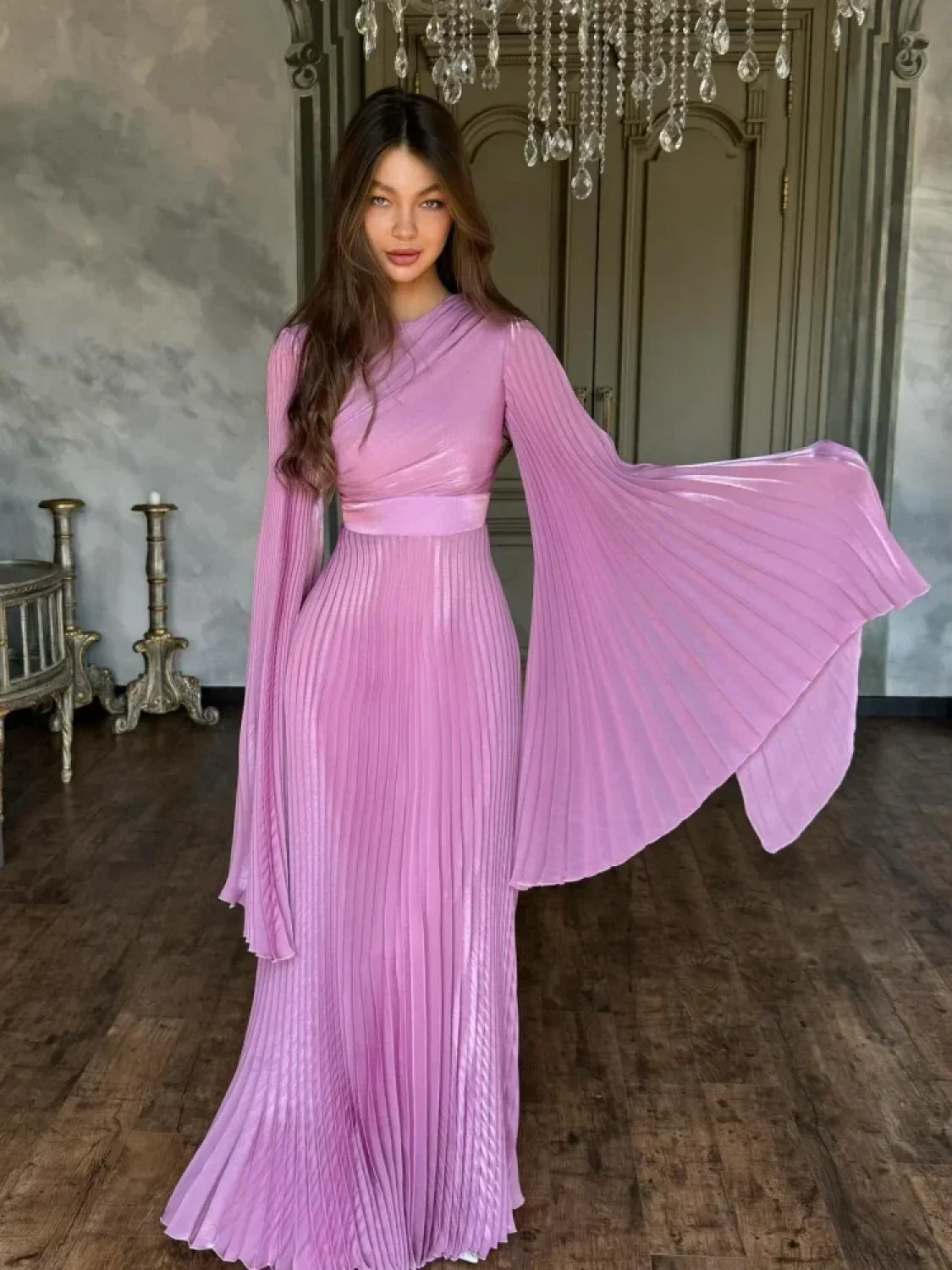 Sexy O Neck Batwing Sleeve Pleated Long Dress Women Rose Party Dress - Image 3