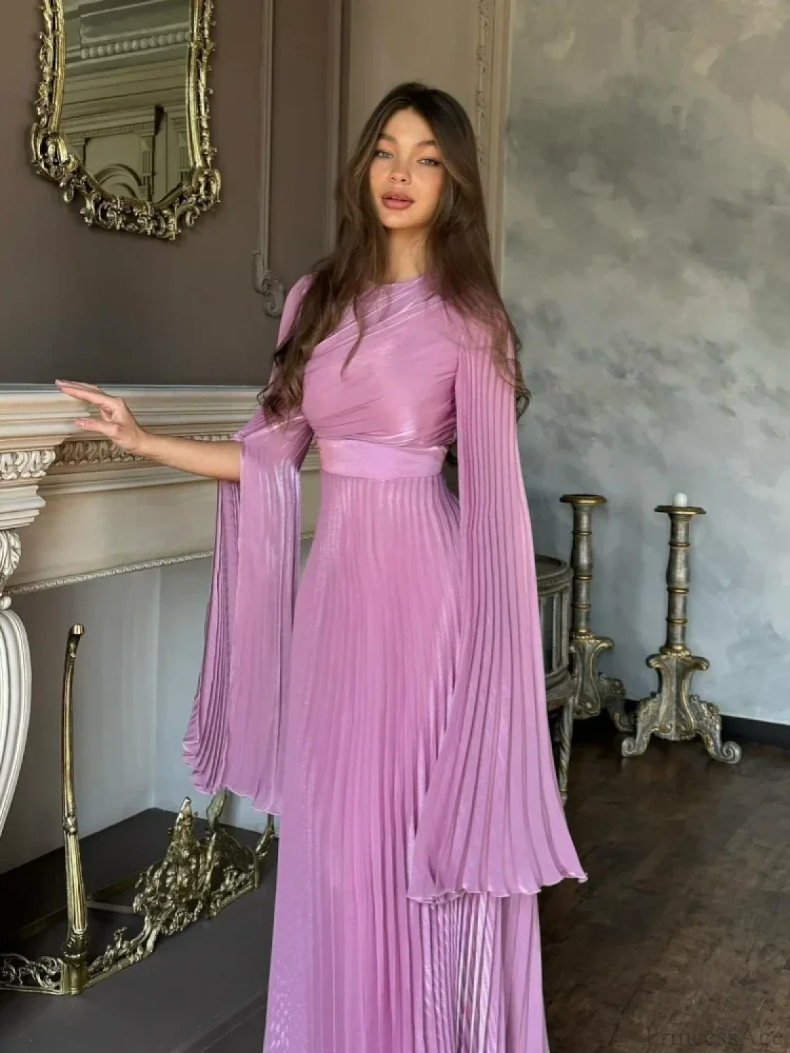 Sexy O Neck Batwing Sleeve Pleated Long Dress Women Rose Party Dress - Image 4