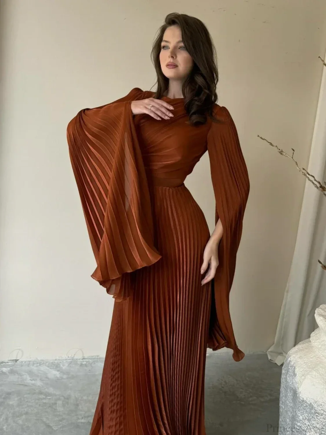 Sexy O Neck Batwing Sleeve Pleated Long Dress Women Rose Party Dress - Image 6