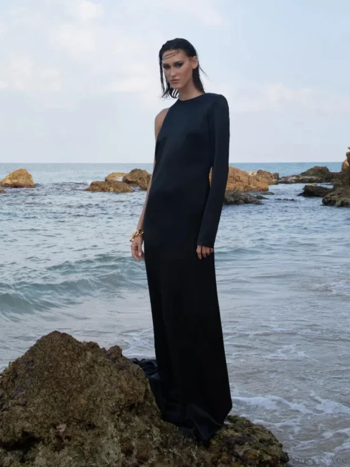 Sexy O Neck One Shoulder Backless Chain Black Long Evening Party Dress - Image 3