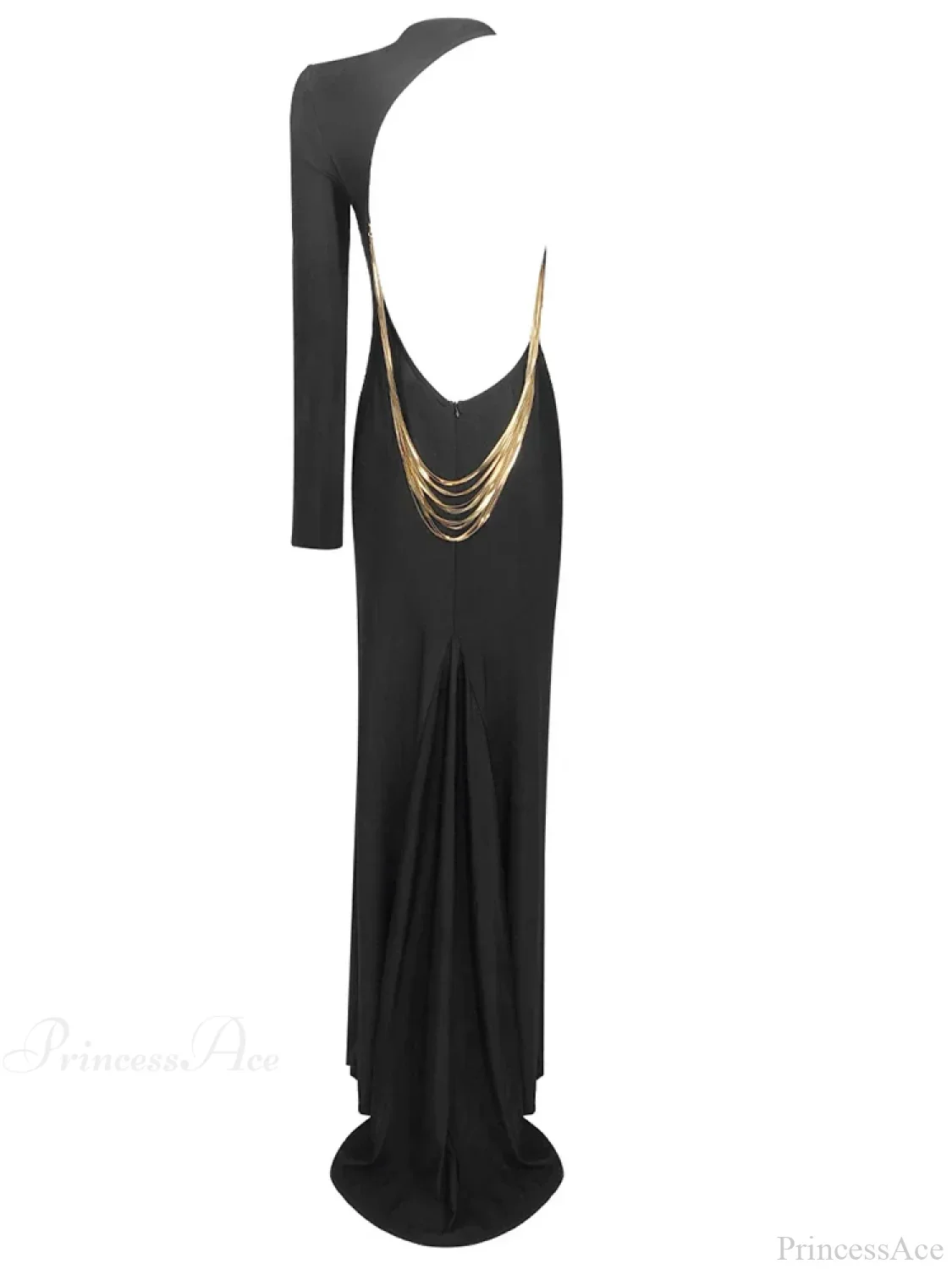 Sexy O Neck One Shoulder Backless Chain Black Long Evening Party Dress - Image 7