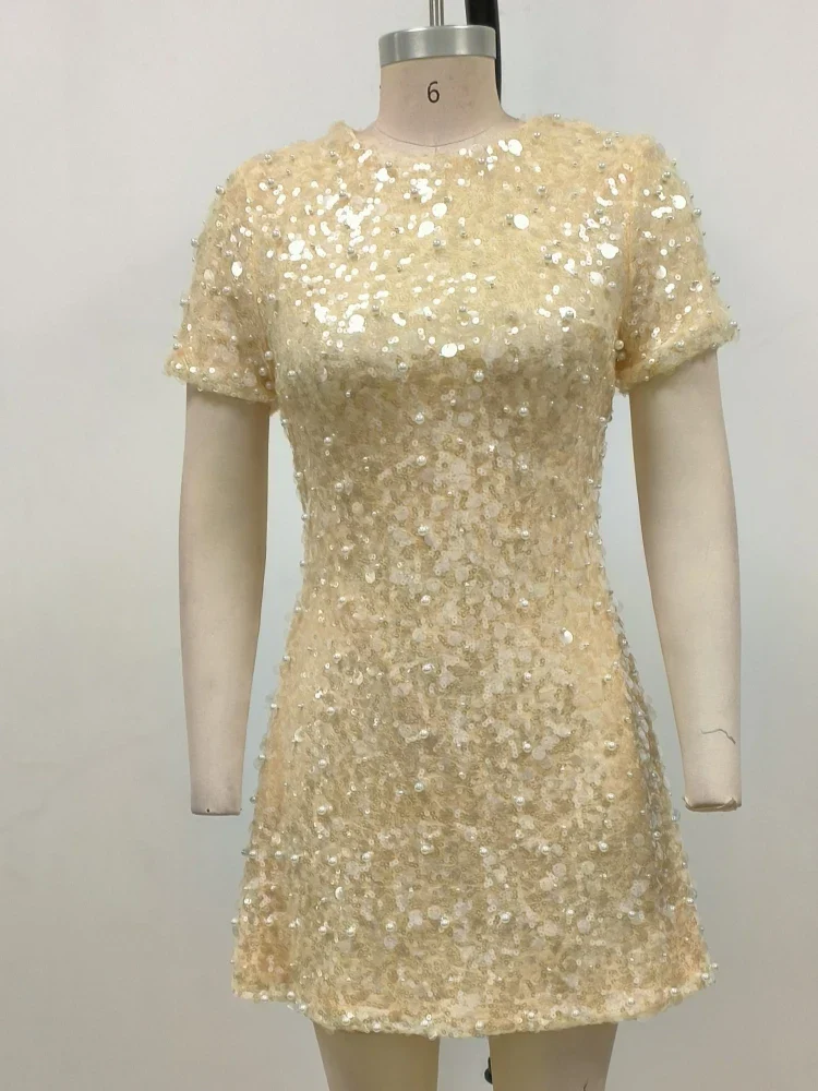 Sexy O Neck Short Sleeve Shiny Sequins Beaded Mini Elegant Party Dress - Image 7