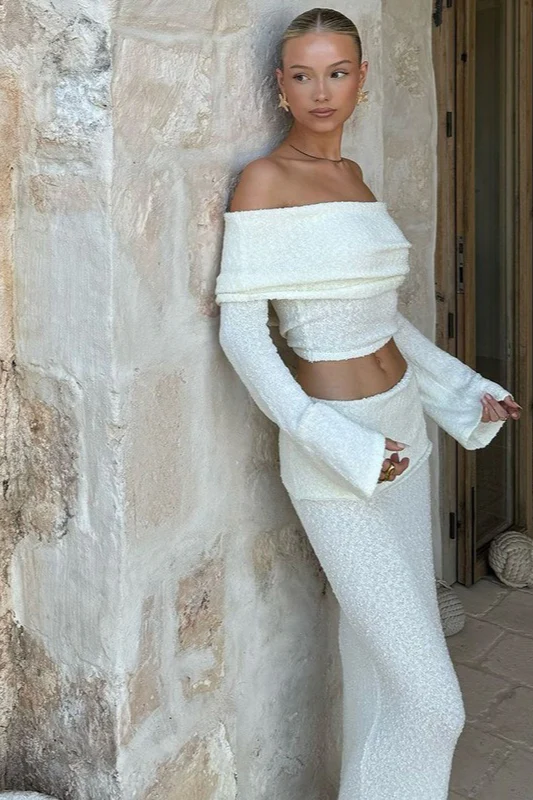 Sexy Off-Shoulder Cropped Top High-Waisted Solid Skirt Two Piece Set - Image 4