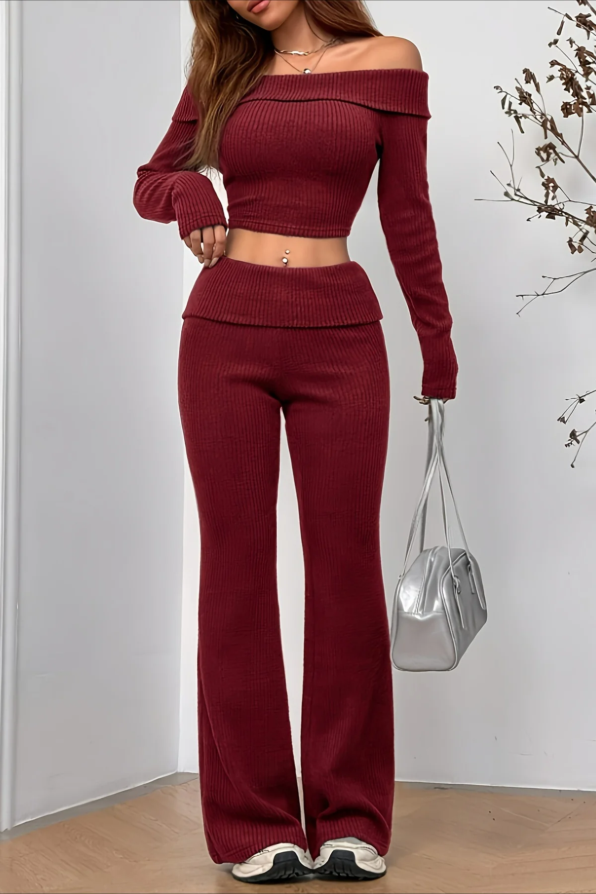 Sexy Off-Shoulder Fitted Crop Top Pants Two Piece Set