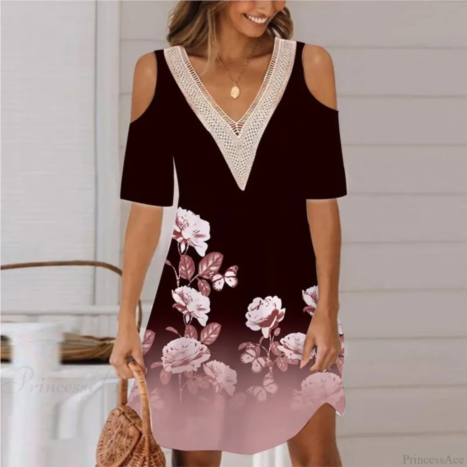 Sexy Off Shoulder Lace Splicing Party Floral A-line Dress - Image 5
