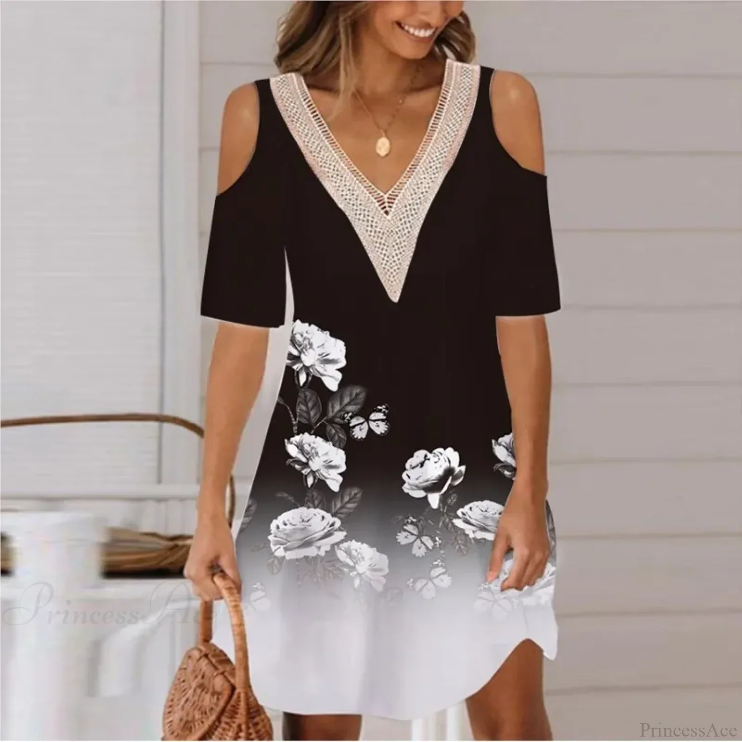 Sexy Off Shoulder Lace Splicing Party Floral A-line Dress - Image 6