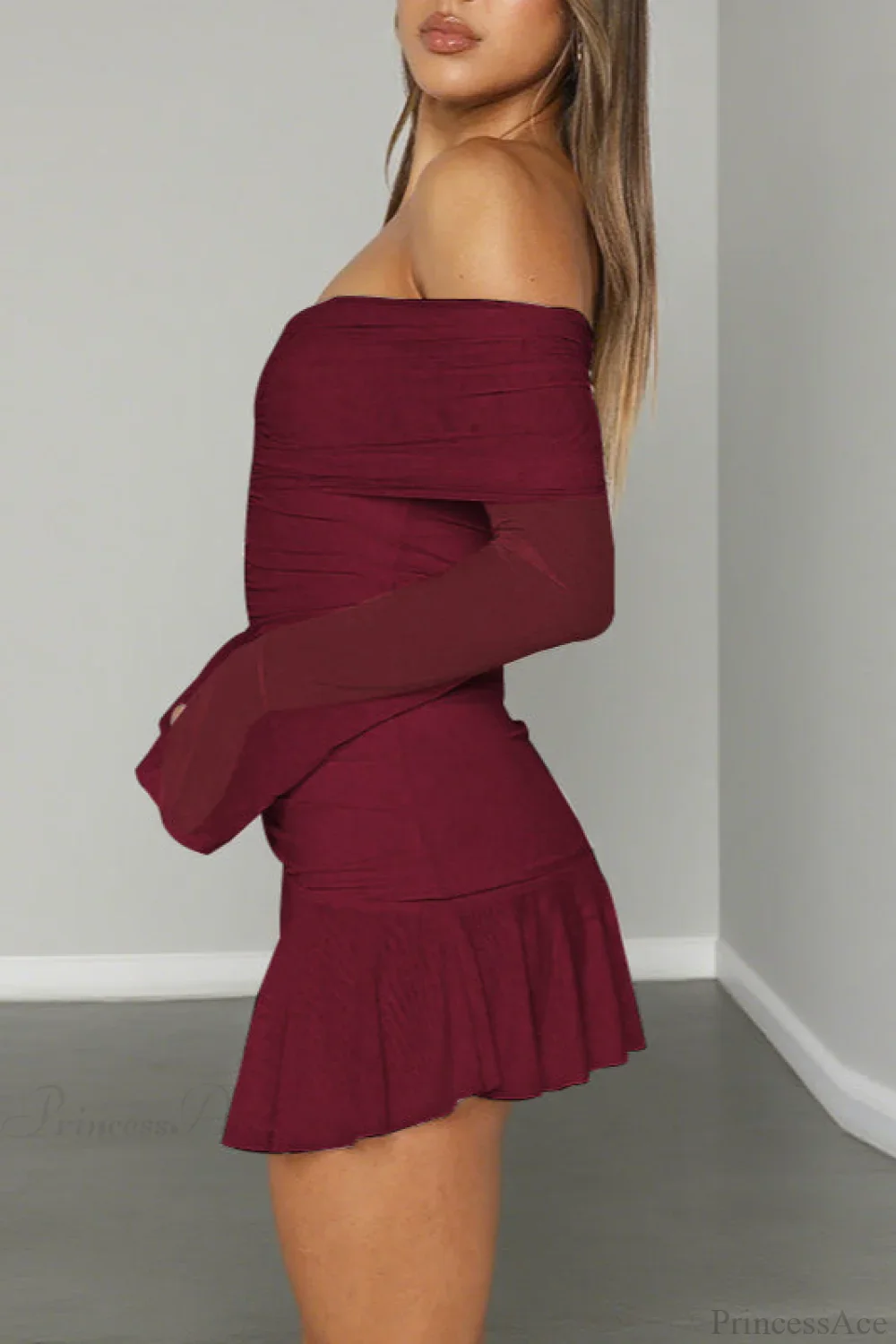 Sexy Off Shoulder Ruched Ruffle Long Sleeve Mini Dress - Image 3