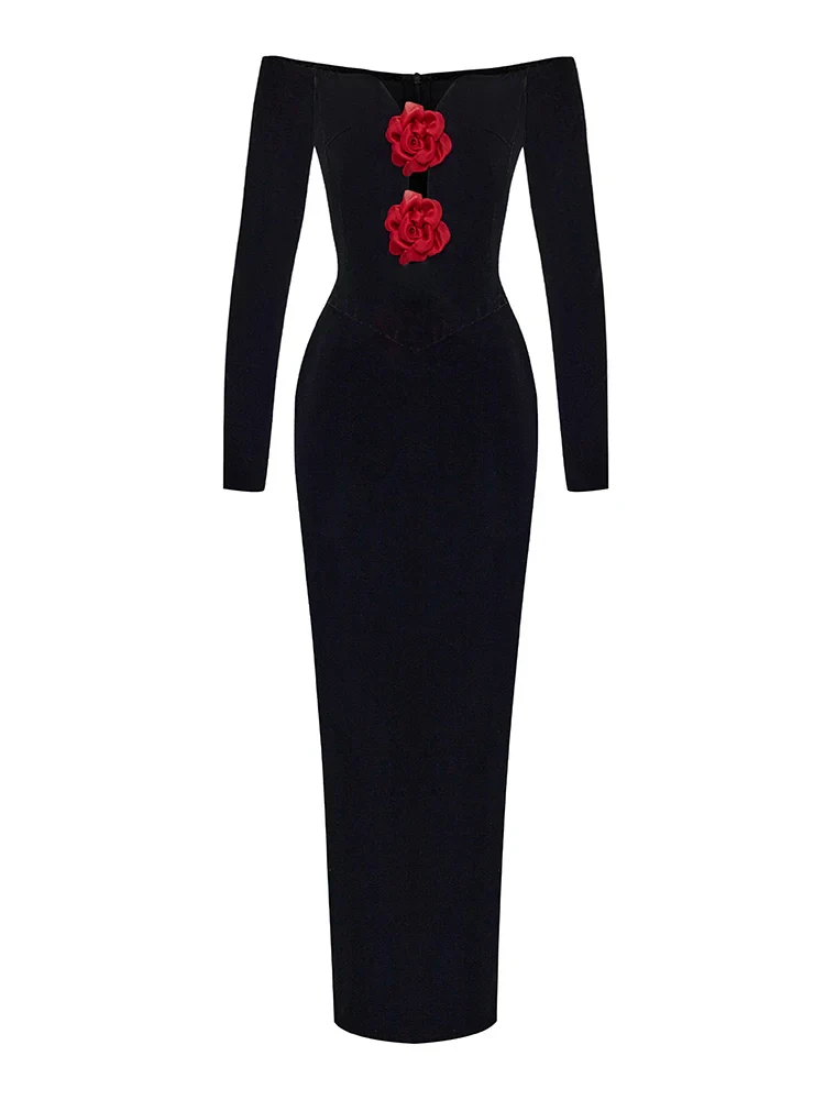 Sexy Off Shoulder V Neck Hollow Out Flower Dress Women Party Dress - Image 3