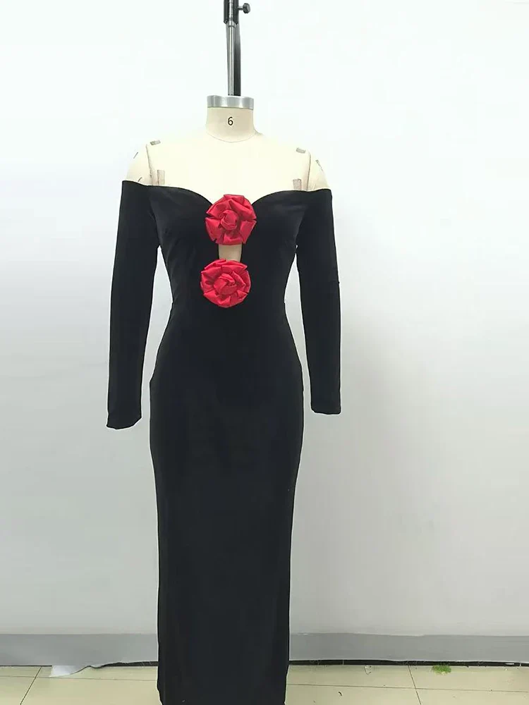 Sexy Off Shoulder V Neck Hollow Out Flower Dress Women Party Dress - Image 5