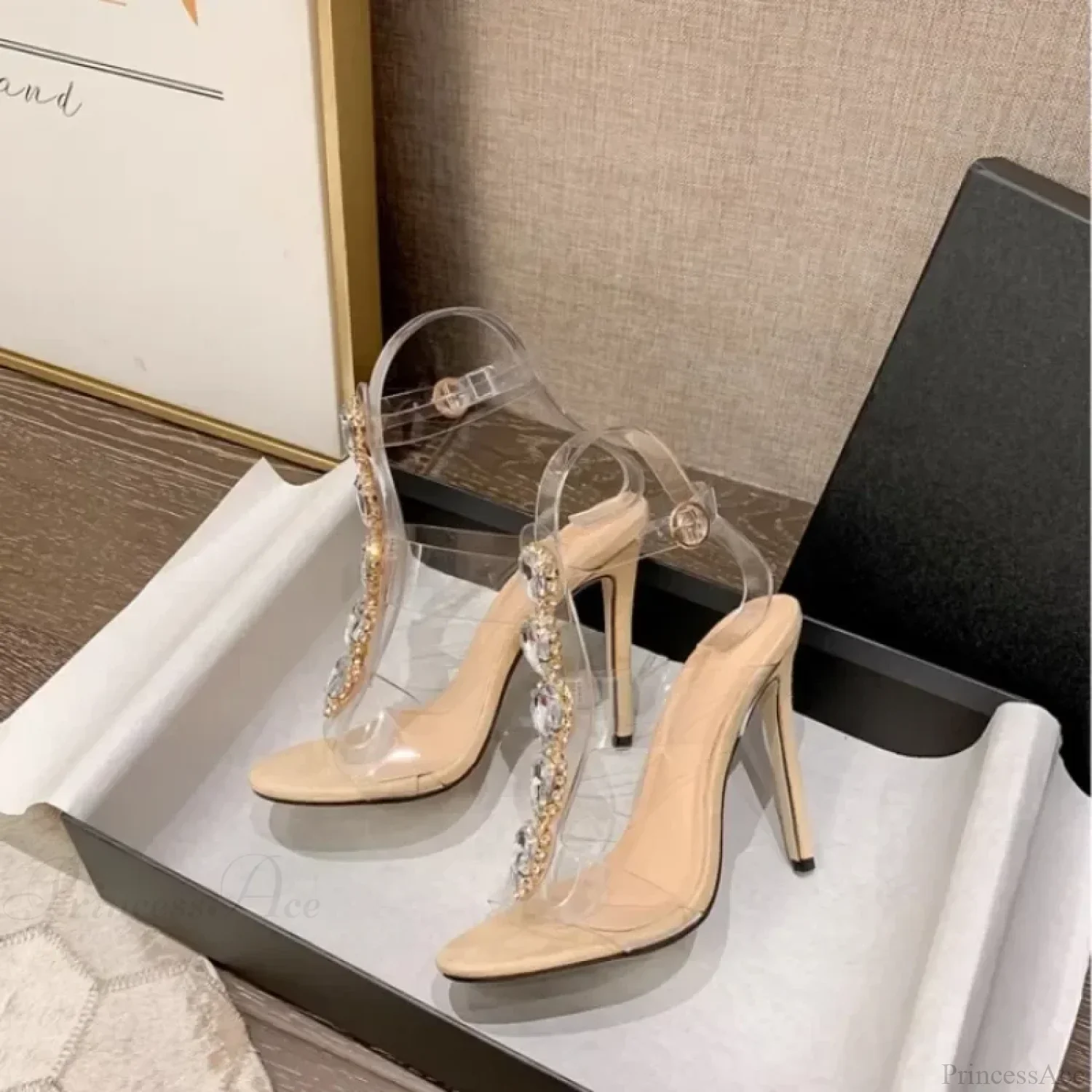Sexy One-Band Buckle Transparent Pvc Rhinestone Sandals Heart-shaped CrystalBuckle Strap Slim High Heel - Image 5