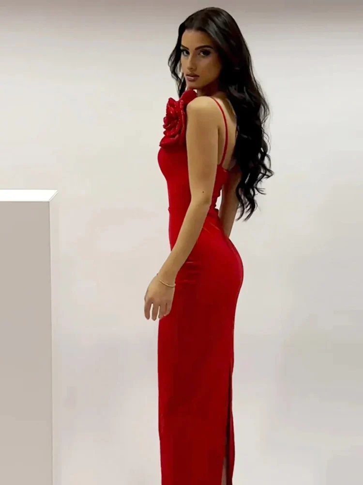 Sexy One Shoulder Diamonds Flower Patchwork Maxi Red Party Dress - Image 4