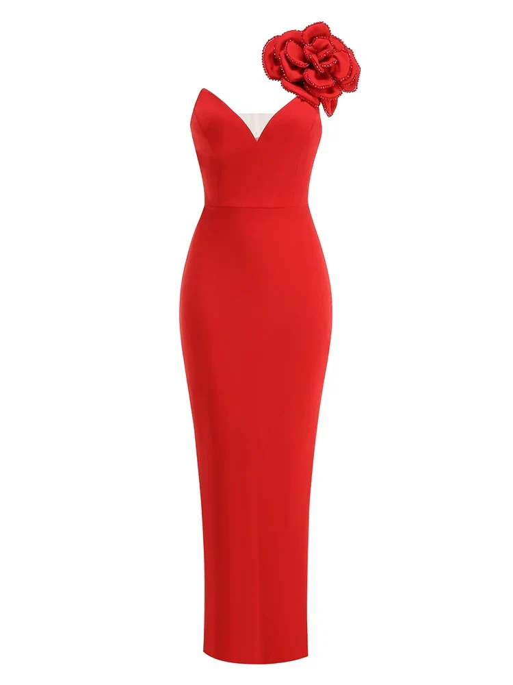 Sexy One Shoulder Diamonds Flower Patchwork Maxi Red Party Dress - Image 5
