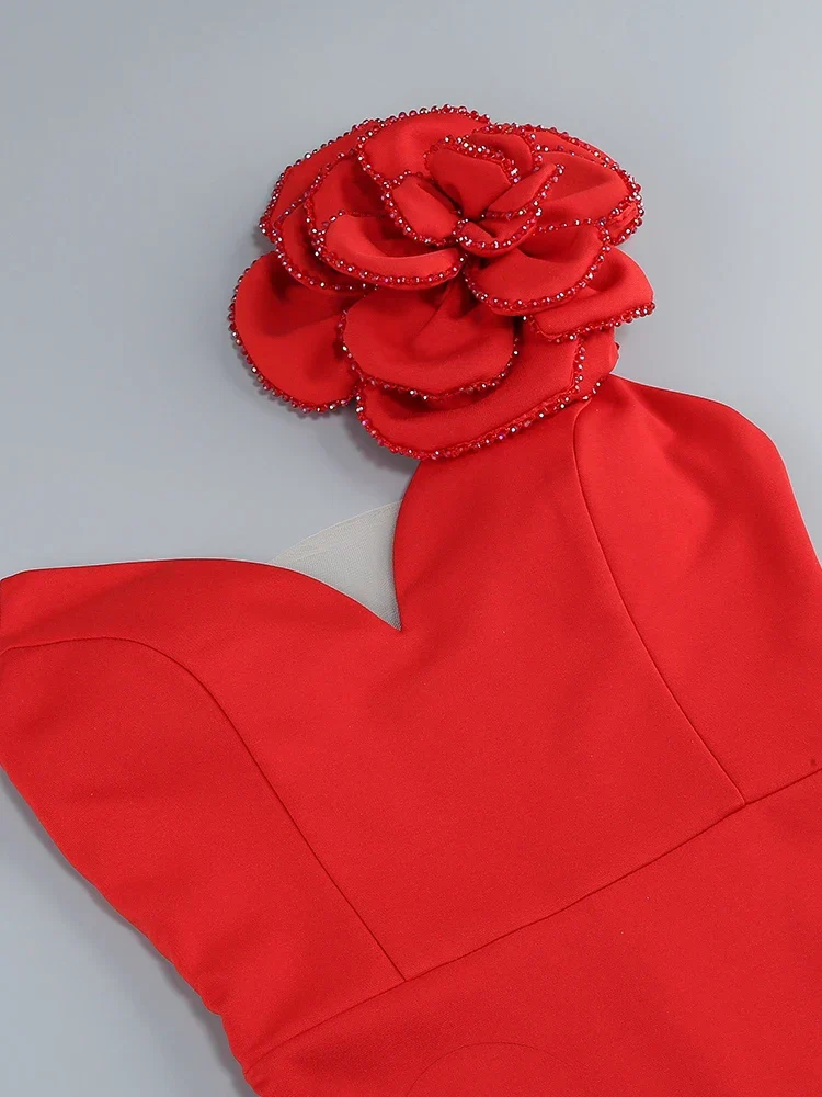 Sexy One Shoulder Diamonds Flower Patchwork Maxi Red Party Dress - Image 6