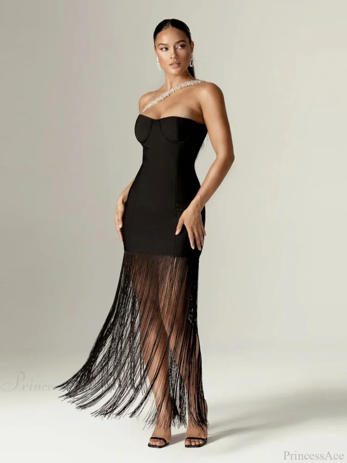 Sexy One Shoulder Diamonds Strap Tassel Bandage Dress Shiny Rhinestone Party Dress - Image 2