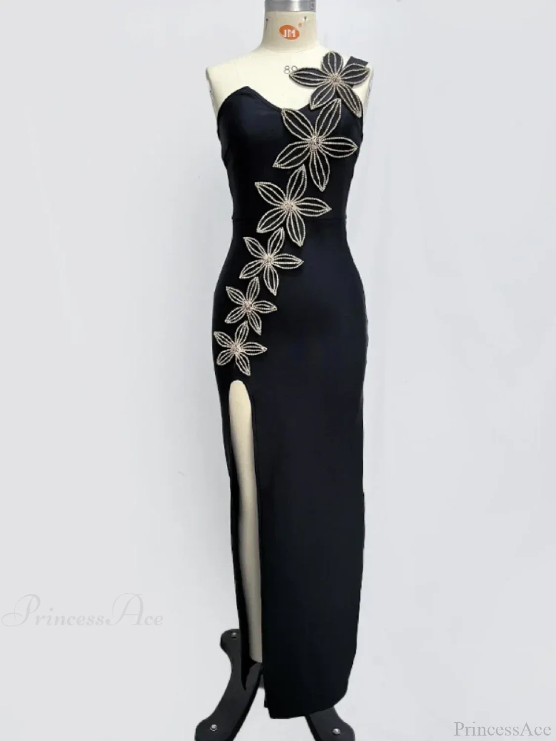 Sexy One Shoulder Sleeveless Diamonds Flower Bandage Black High Slit Party Dress - Image 7
