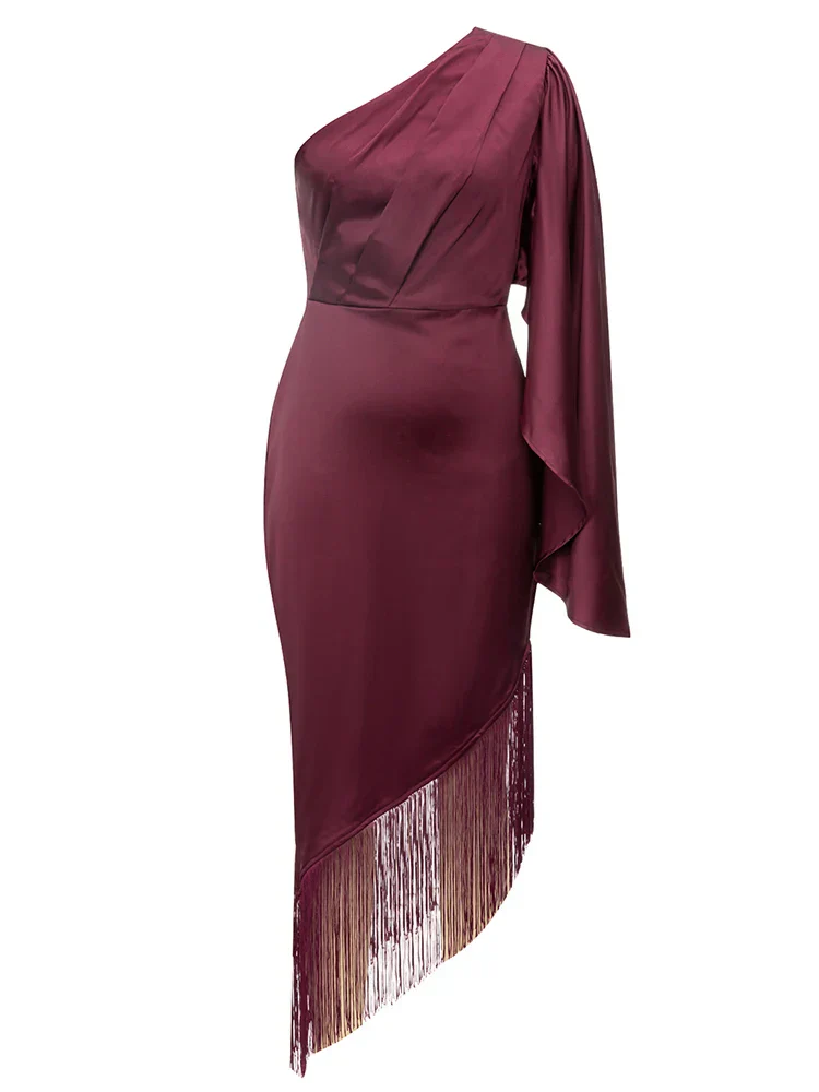 Sexy One Shoulder Tassel Design Diagonal Collar Asymmetric Fringe Party Dress - Image 7