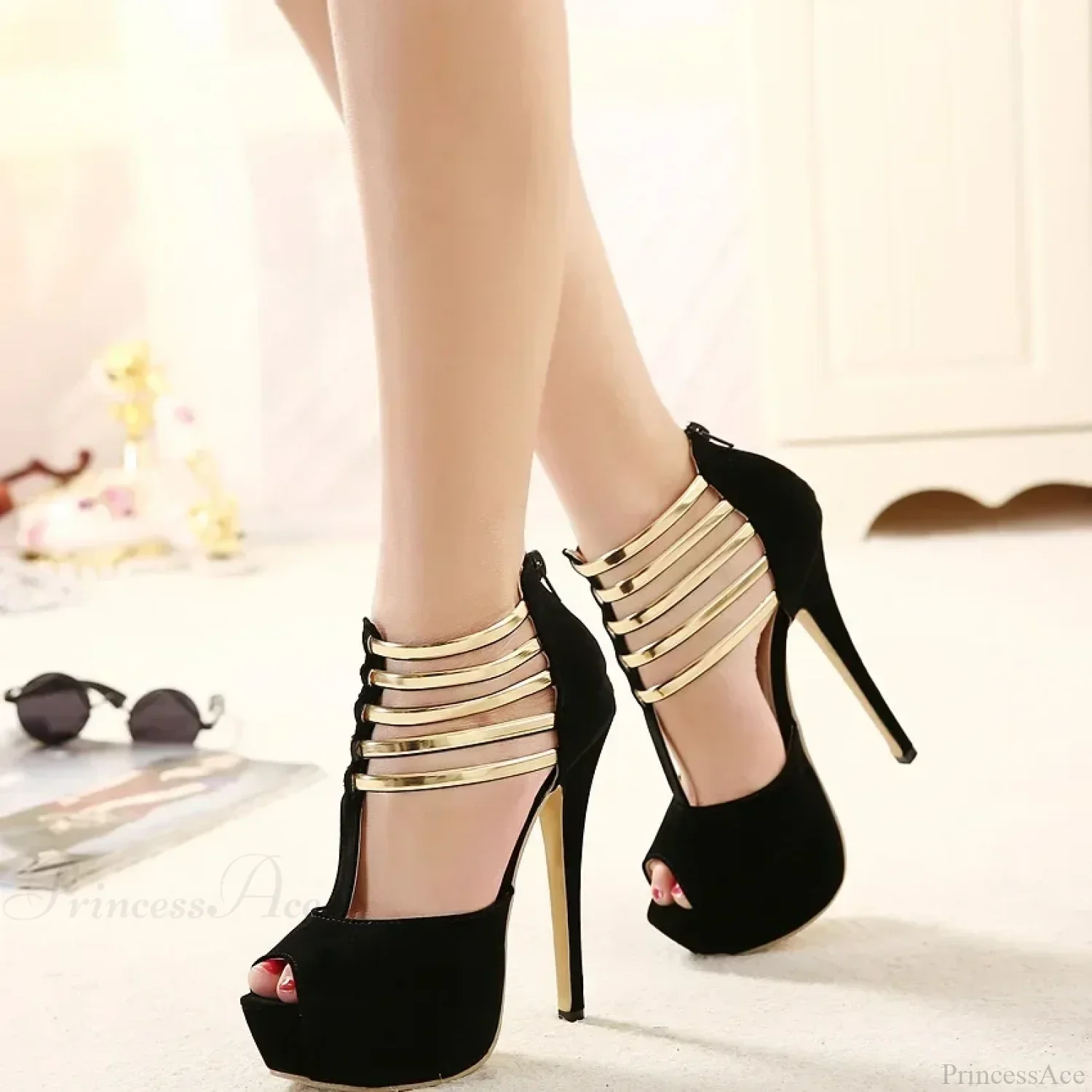 Sexy Open Toe Platform Narrow Band Hollow Stilettos Rear Zipper Pumps 16CM Thin High Heel - Image 2