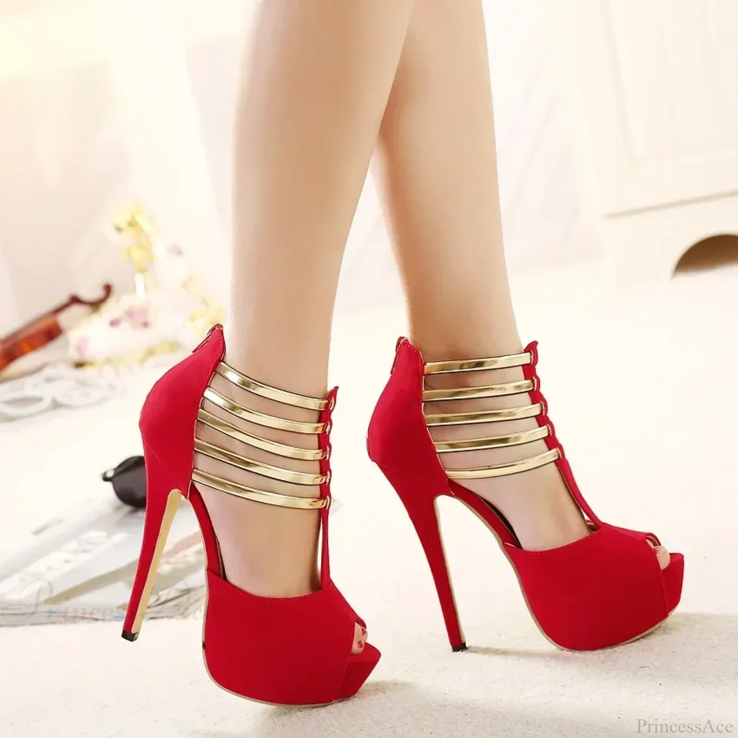 Sexy Open Toe Platform Narrow Band Hollow Stilettos Rear Zipper Pumps 16CM Thin High Heel - Image 4