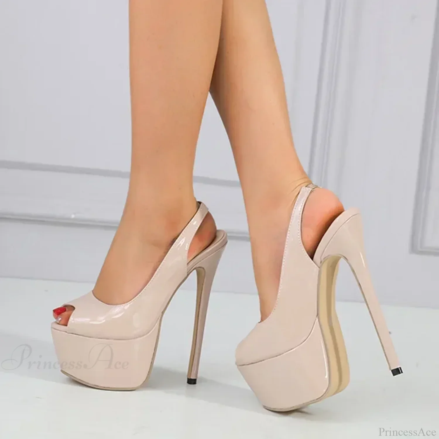 Sexy Peep Toe Patent Leather Model Catwalk Extreme High Heels Platform Slip-on Back Strap Pumps High Heel