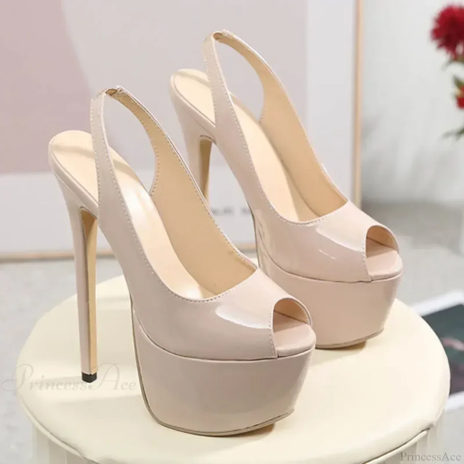 Sexy Peep Toe Patent Leather Model Catwalk Extreme High Heels Platform Slip-on Back Strap Pumps High Heel - Image 6