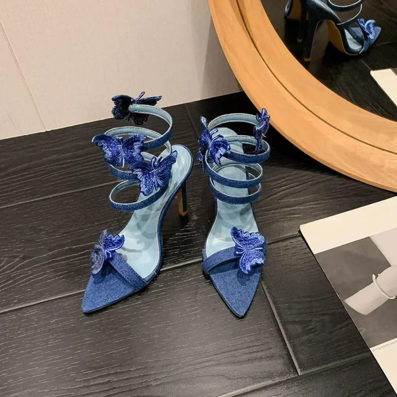 Sexy Peep Toe Pointed Embroidery Butterfly-knot Ankle Strap Wrapped Thin High Heels Party Wedding High Heel - Image 6
