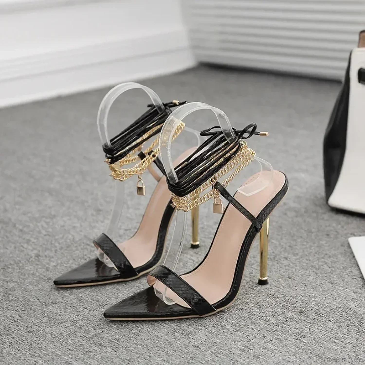 Sexy Peep Toe Pointed Head Stiletto Sandals Chain Ankle Straps Summer Thin High Heels Party High Heel - Image 7