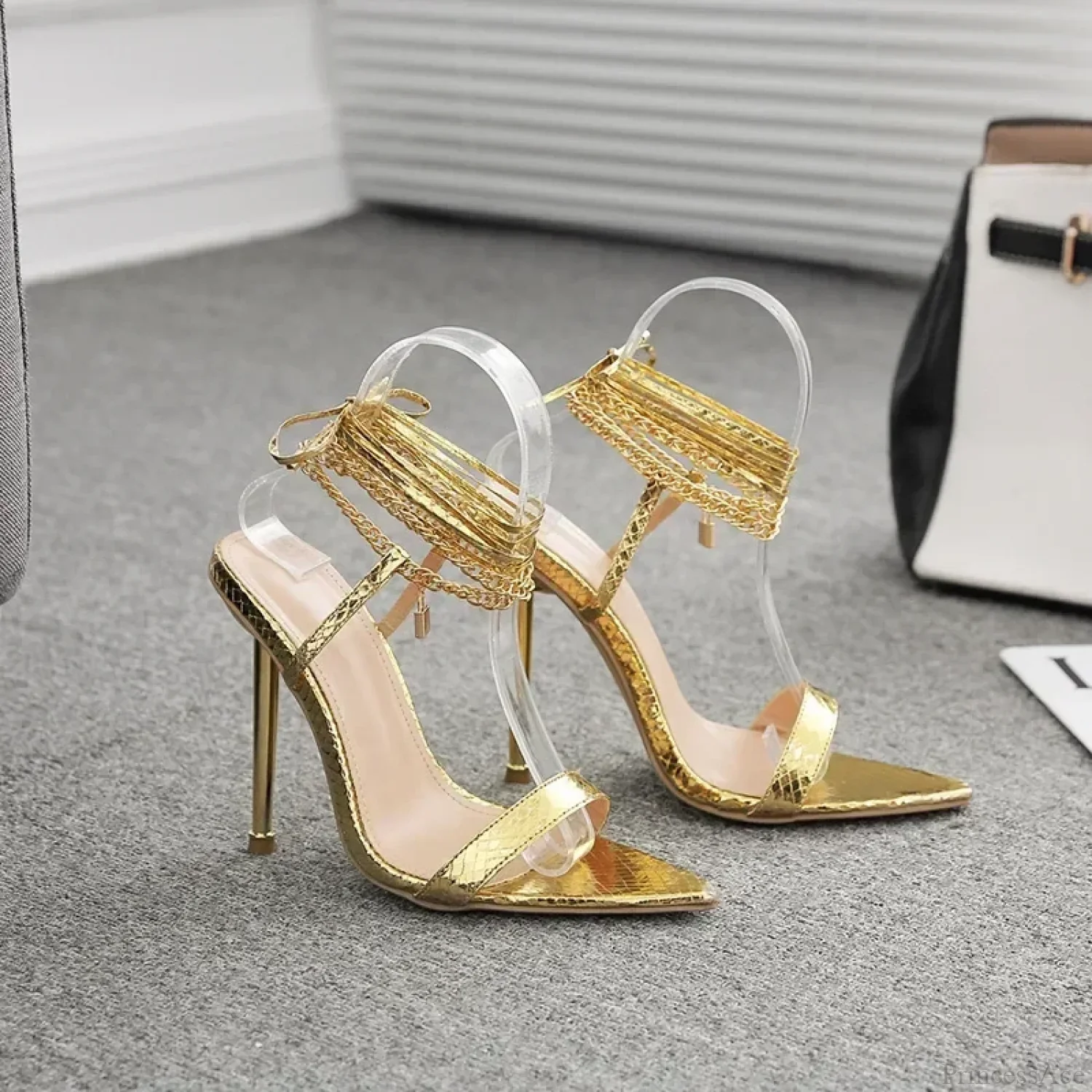 Sexy Peep Toe Pointed Head Stiletto Sandals Chain Ankle Straps Summer Thin High Heels Party High Heel - Image 8