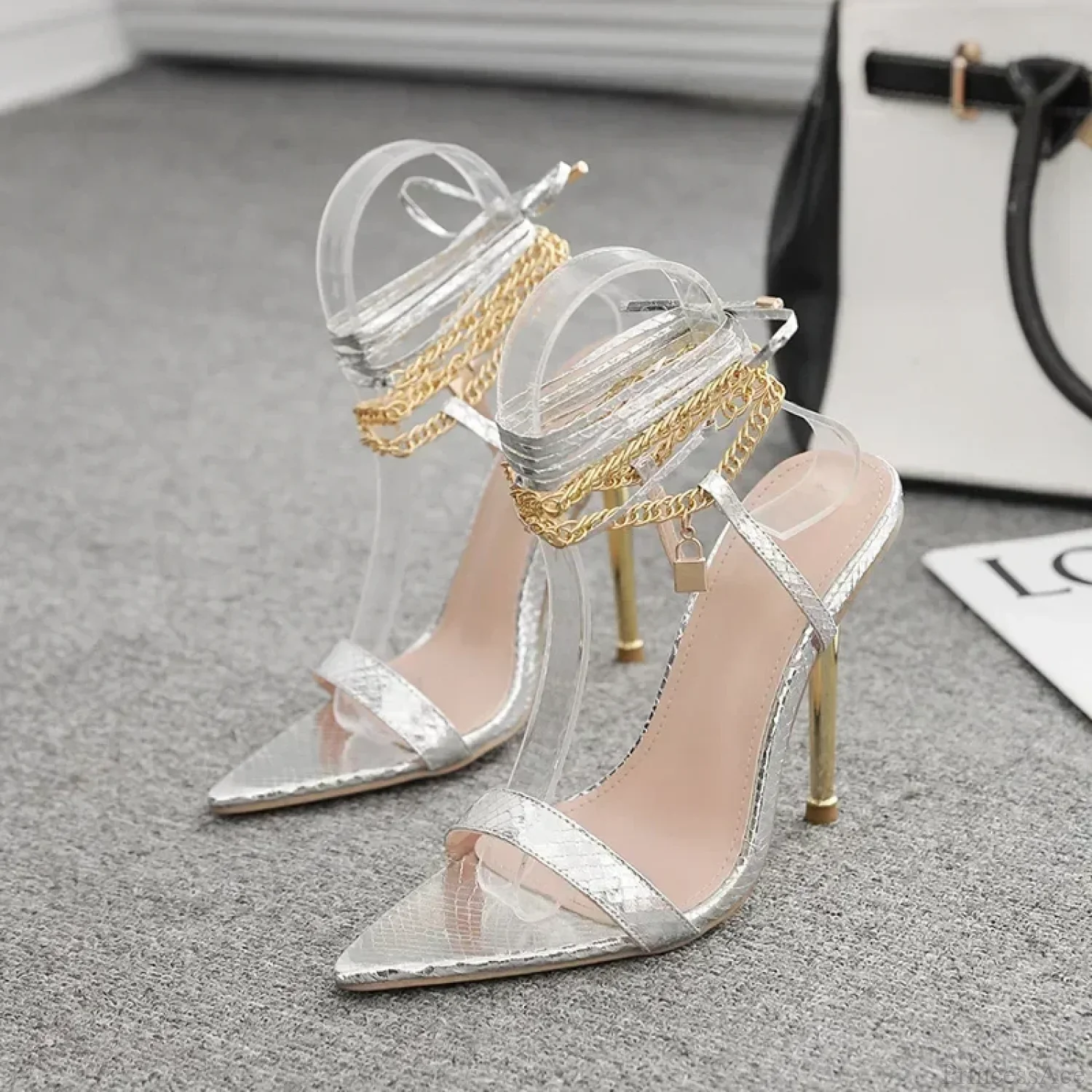 Sexy Peep Toe Pointed Head Stiletto Sandals Chain Ankle Straps Summer Thin High Heels Party High Heel - Image 9