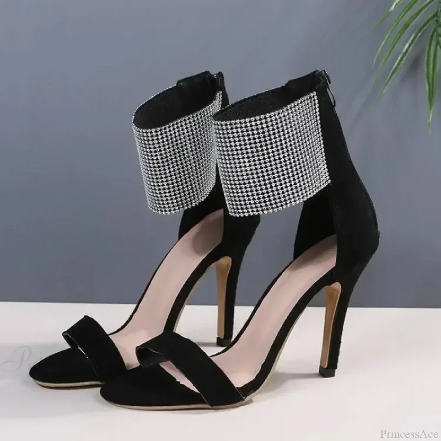 Sexy Peep Toe Rhinestone Stiletto Faux Suede Back Zipper Super High Heels Wedding Party High Heel - Image 5