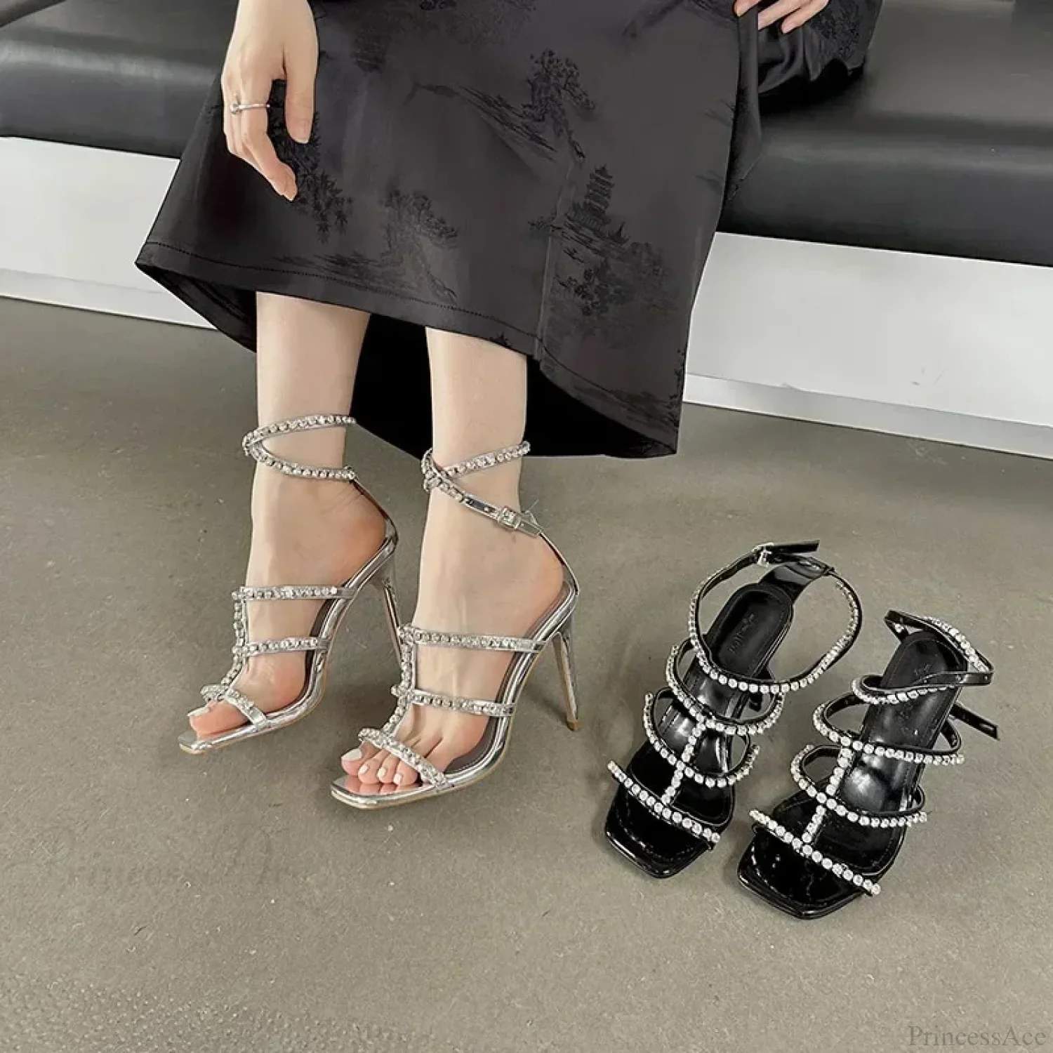 Sexy Peep Toe Square Head Thin High Heel Women Sandals Silver Rhinestone AnkleBuckle Strap High Heel - Image 2