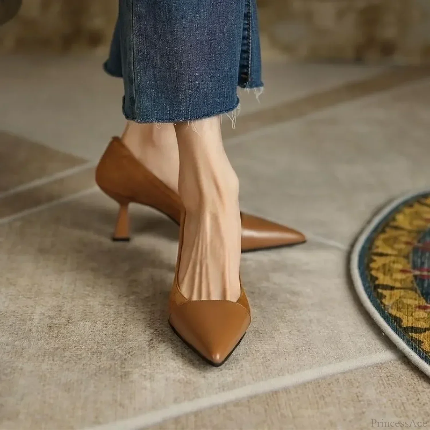 Sexy Pointed Korean Fashion Apricot Black Color Block Elegant Summer Low Heel Pump - Image 4