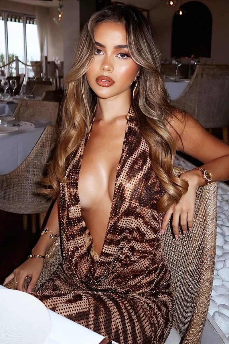 Sexy Printed Rhinestone Halter Backless Maxi Dress - Image 3