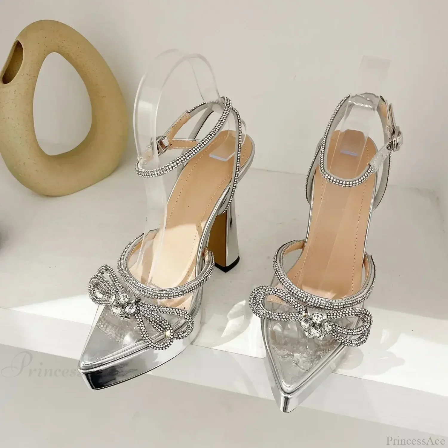 Sexy Pvc Transparent Cover Toe Pointed Platform Rhinestone Butterfly-KnotBuckle Strap 14CM High Heel - Image 6