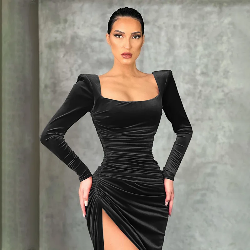Sexy Red Velvet Elegant Midi Party Dress - Image 3