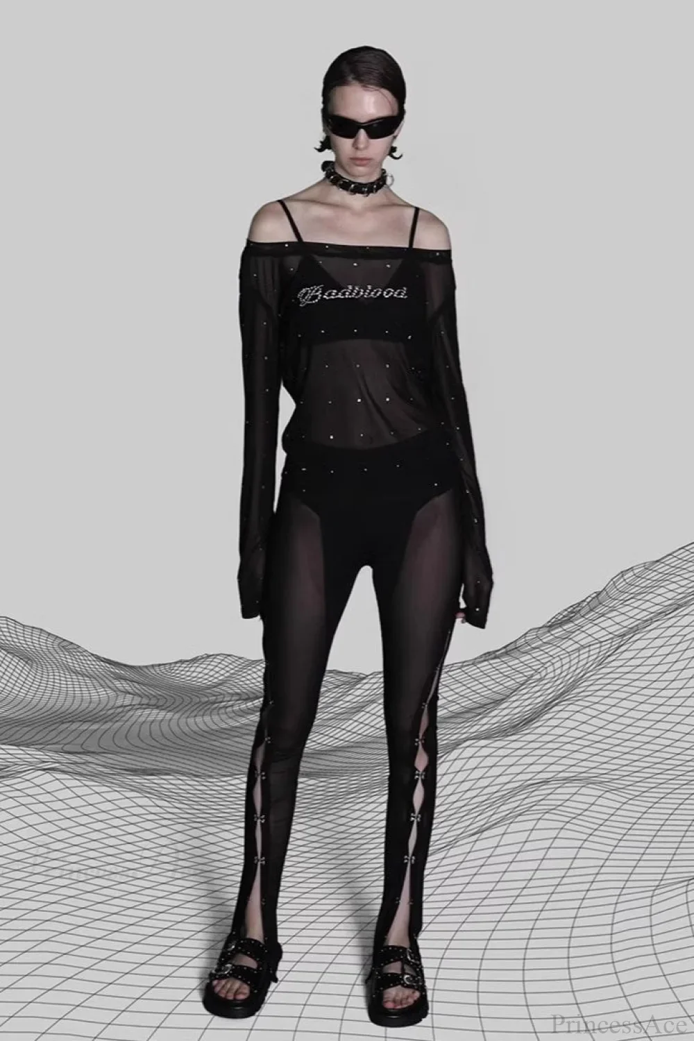 Sexy Rhinestone Embellished Off-the-Shoulder Tulle Blouse - Image 3